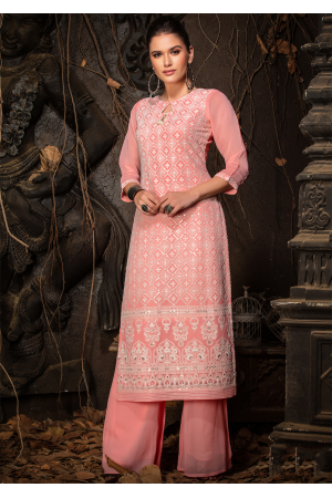 Pink Color Designer Georgette Straight Cut Kurti